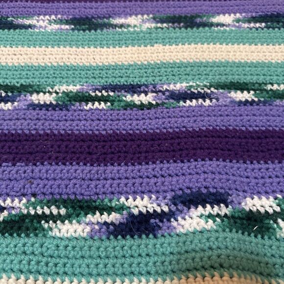 Handmade Afghan Crochet Blanket Teal Purple White 82"x 69" Southwest Aztec Queen - Picture 5 of 7